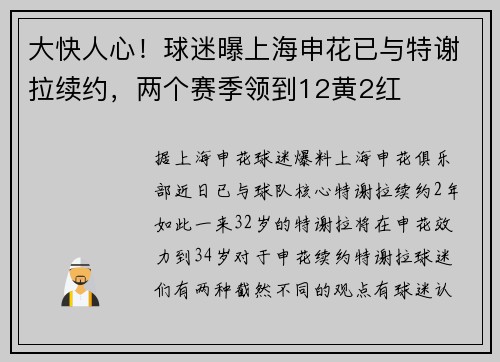 大快人心！球迷曝上海申花已与特谢拉续约，两个赛季领到12黄2红